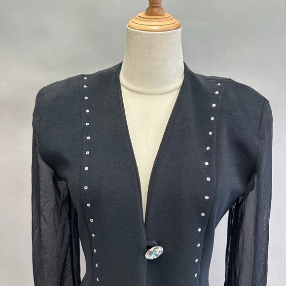 Vintage Caché Blazer Small Black Mesh Sleeves Crystal Buttons 90s Y2K Jacket - Picture 6 of 16